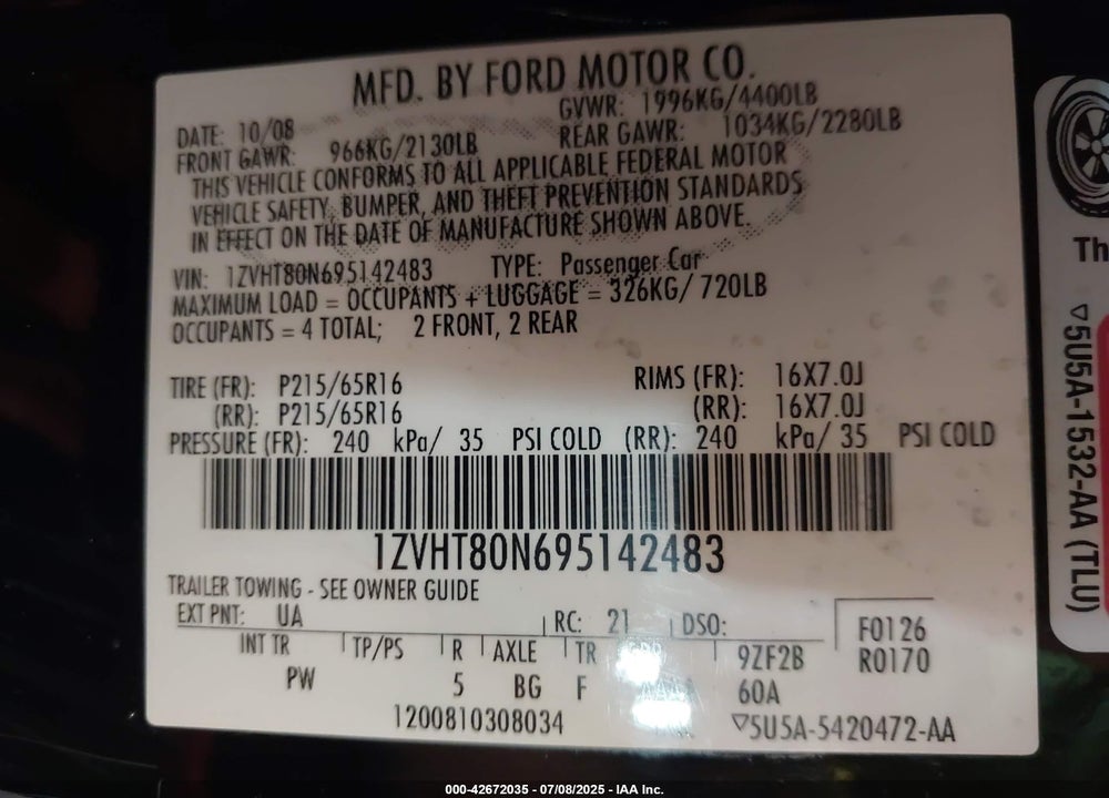 2009 FORD MUSTANG VIN: 1ZVHT80N695142483