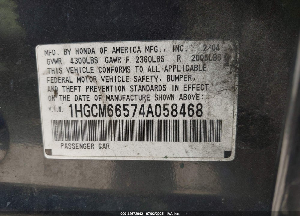 2004 HONDA ACCORD 3.0 EX VIN: 1HGCM66574A058468
