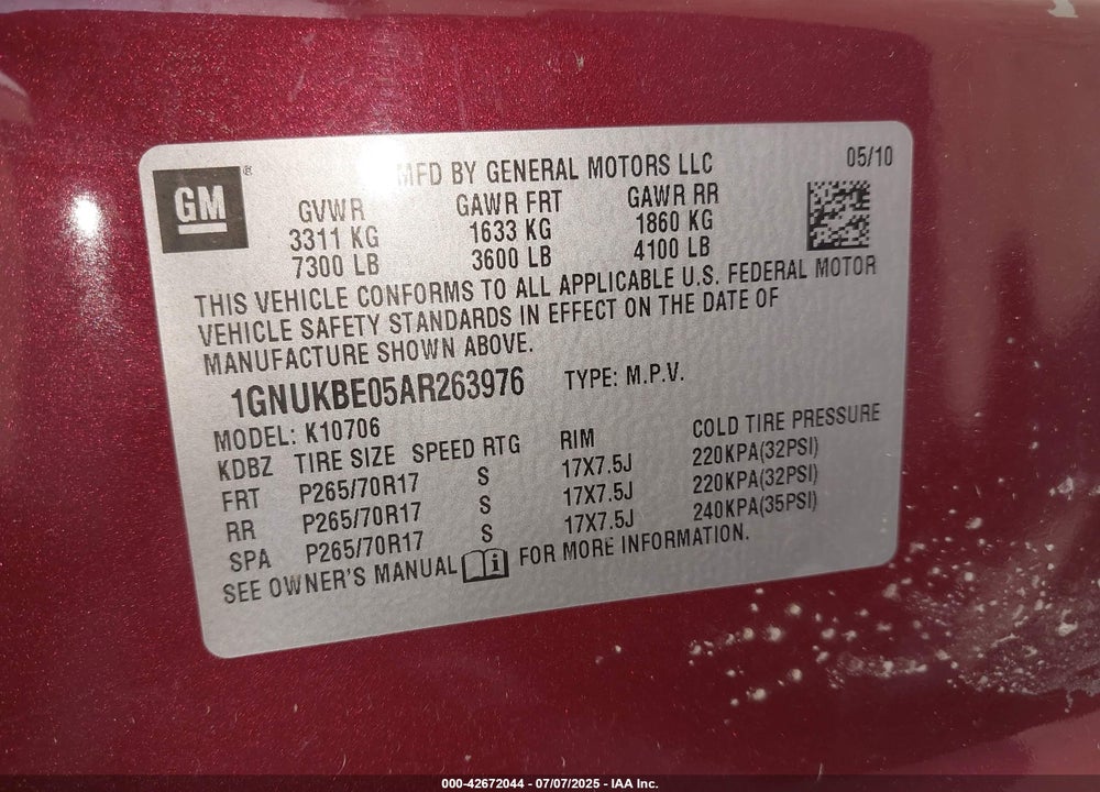 2010 CHEVROLET TAHOE VIN: 1GNUKBE05AR263976