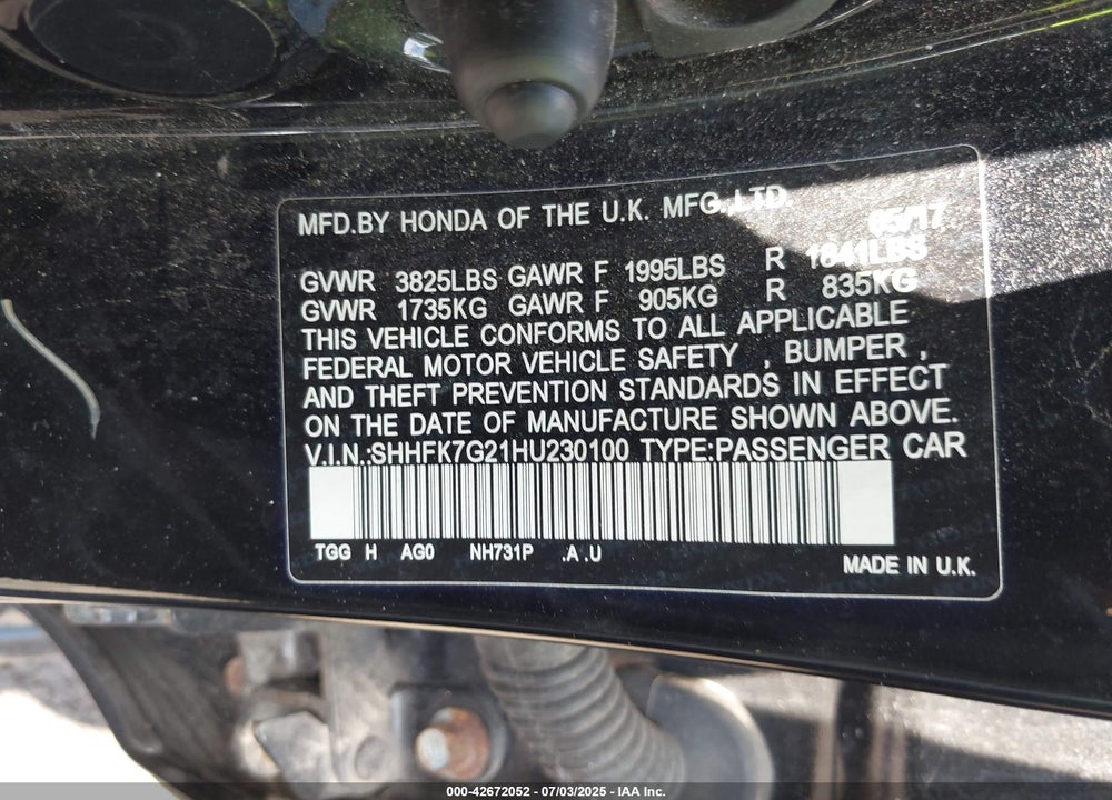 2017 HONDA CIVIC VIN: SHHFK7G21HU230100
