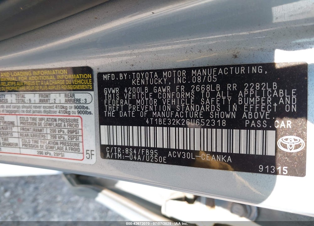 2006 TOYOTA CAMRY VIN: 4T1BE32K26U652318