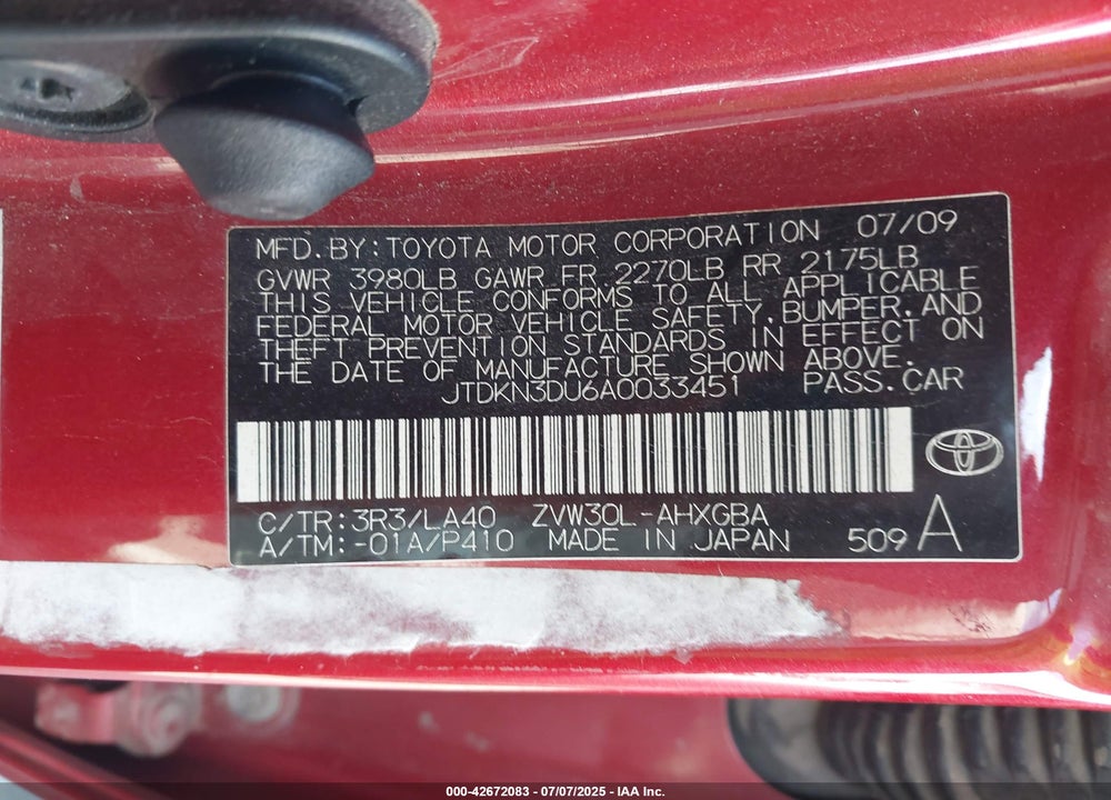 2010 TOYOTA PRIUS VIN: JTDKN3DU6A0033451