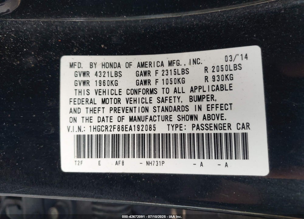 2014 HONDA ACCORD VIN: 1HGCR2F86EA192085