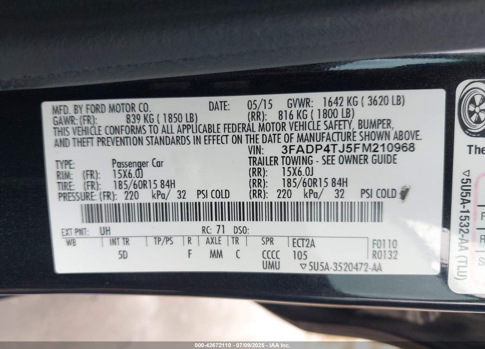 2015 FORD FIESTA VIN: 3FADP4TJ5FM210968