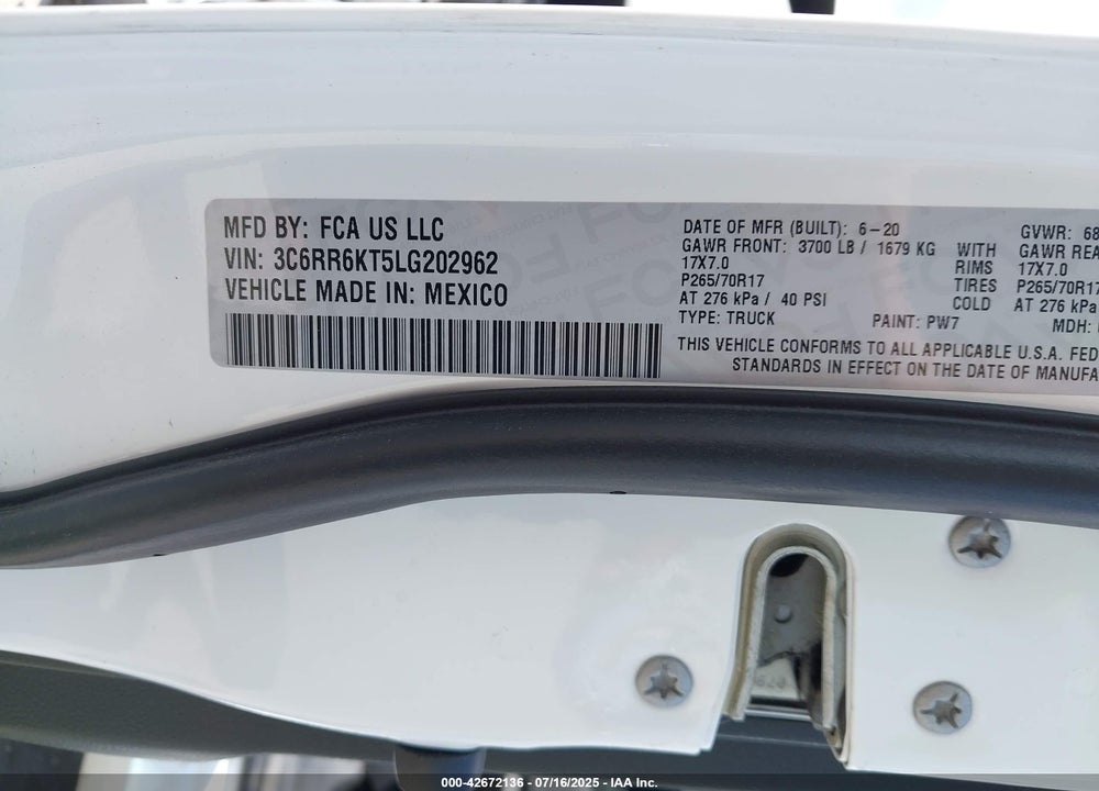 2020 RAM 1500 VIN: 3C6RR6KT5LG202962