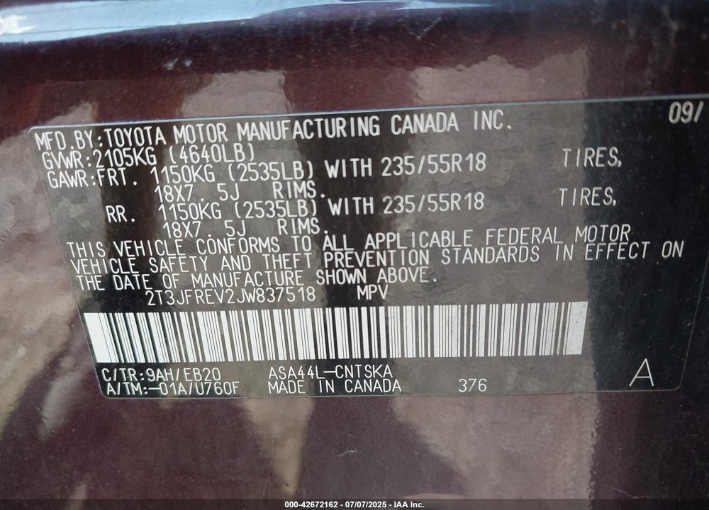 2018 TOYOTA RAV4 VIN: 2T3JFREV2JW837518