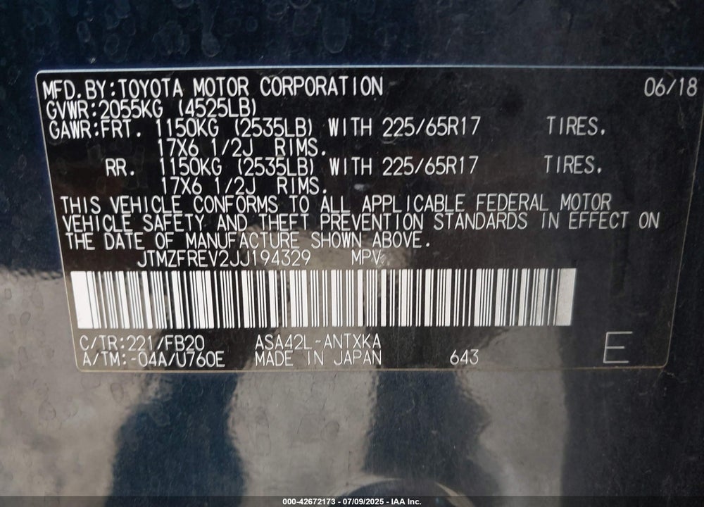 2018 TOYOTA RAV4 VIN: JTMZFREV2JJ194329