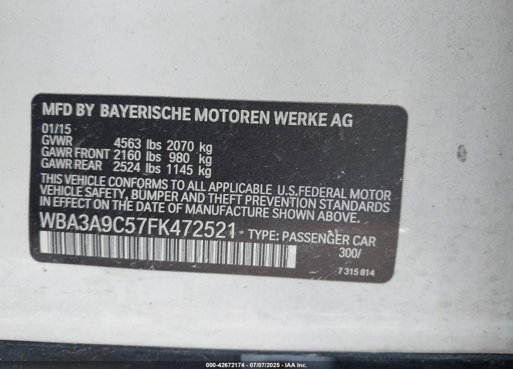 2015 BMW 3 SERIES VIN: WBA3A9C57FK472521