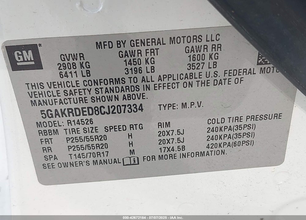 2012 BUICK ENCLAVE VIN: 5GAKRDED8CJ207334