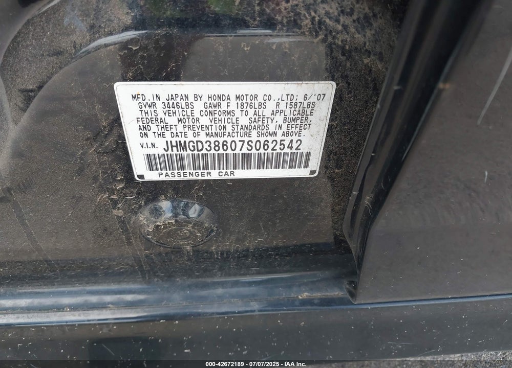 2007 HONDA FIT SPORT VIN: JHMGD38607S062542