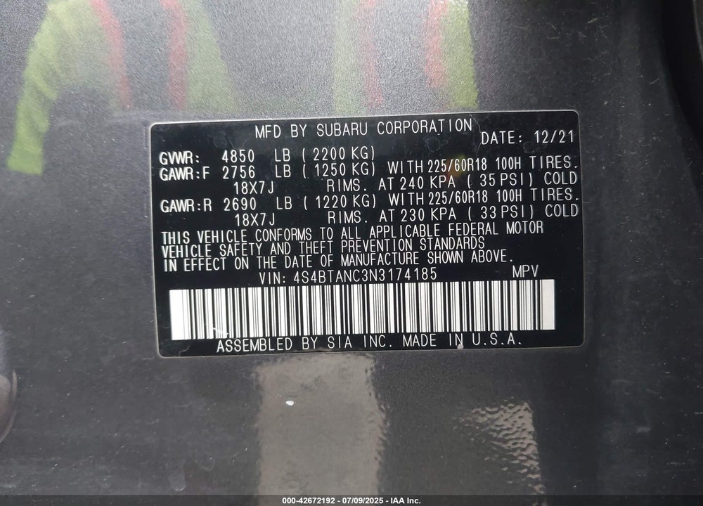2022 SUBARU OUTBACK VIN: 4S4BTANC3N3174185