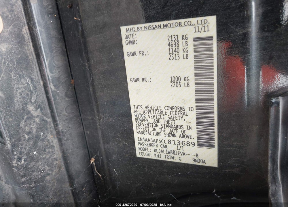 2012 NISSAN MAXIMA VIN: 1N4AA5AP5CC813689