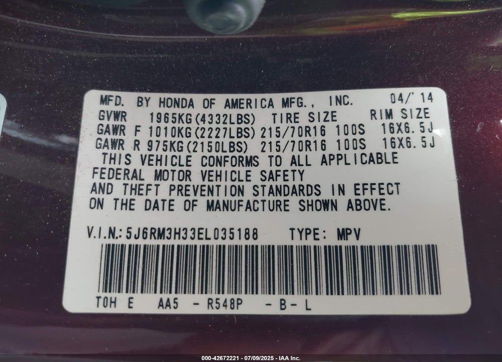 2014 HONDA CR-V VIN: 5J6RM3H33EL035188
