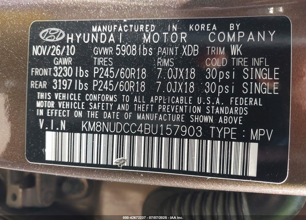 2011 HYUNDAI VERACRUZ VIN: KM8NUDCC4BU157903