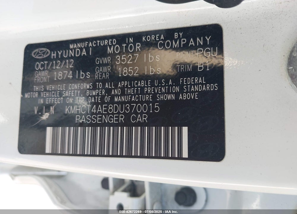 2013 HYUNDAI ACCENT VIN: KMHCT4AE8DU370015