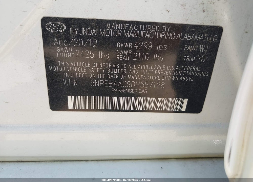 2013 HYUNDAI SONATA VIN: 5NPEB4AC9DH587128