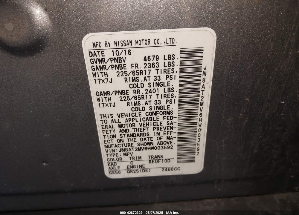 2017 NISSAN ROGUE VIN: JN8AT2MV6HW003592