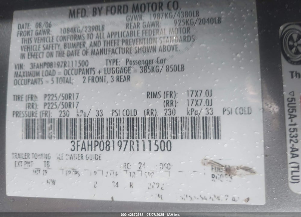 2007 FORD FUSION VIN: 3FAHP08197R111500