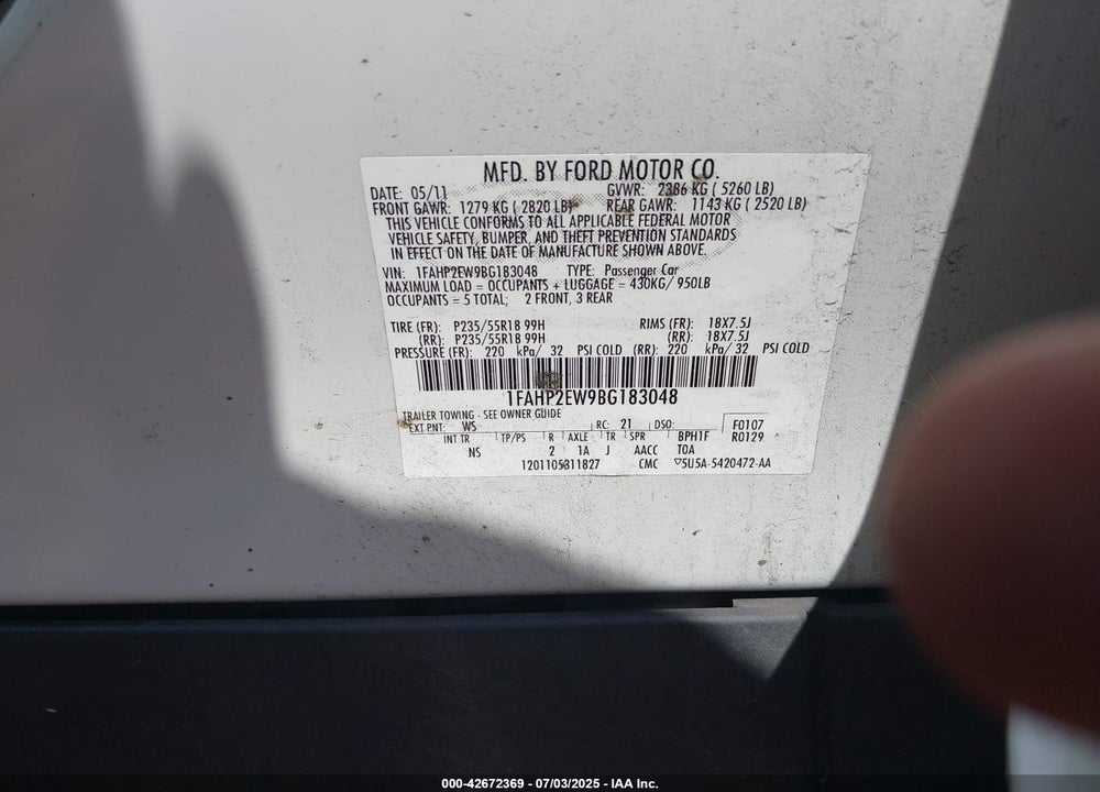 2011 FORD TAURUS SEL VIN: 1FAHP2EW9BG183048