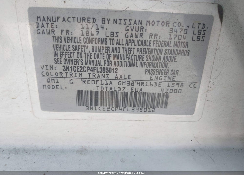 2015 NISSAN VERSA NOTE VIN: 3N1CE2CP4FL395012