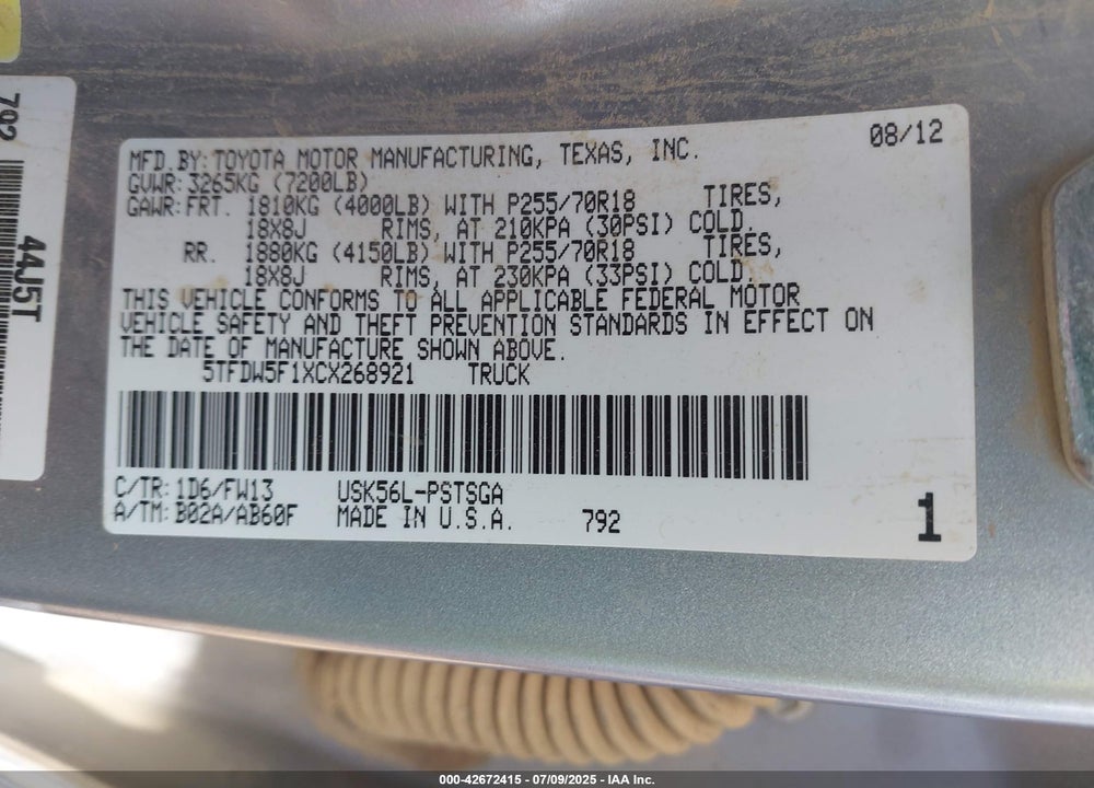 2012 TOYOTA TUNDRA VIN: 5TFDW5F1XCX268921