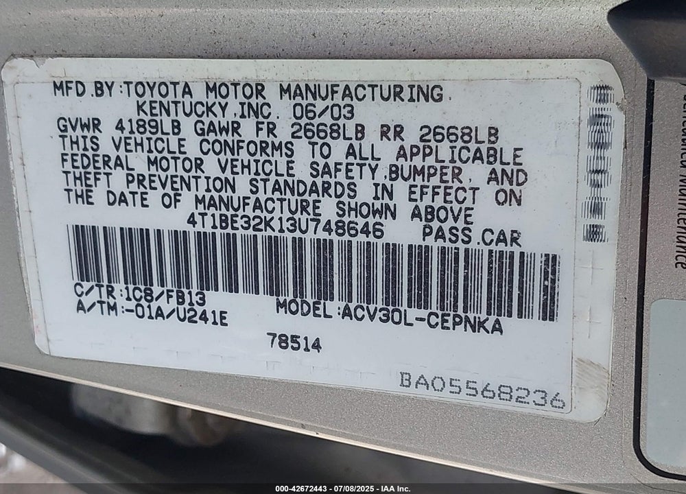 2003 TOYOTA CAMRY LE VIN: 4T1BE32K13U748646