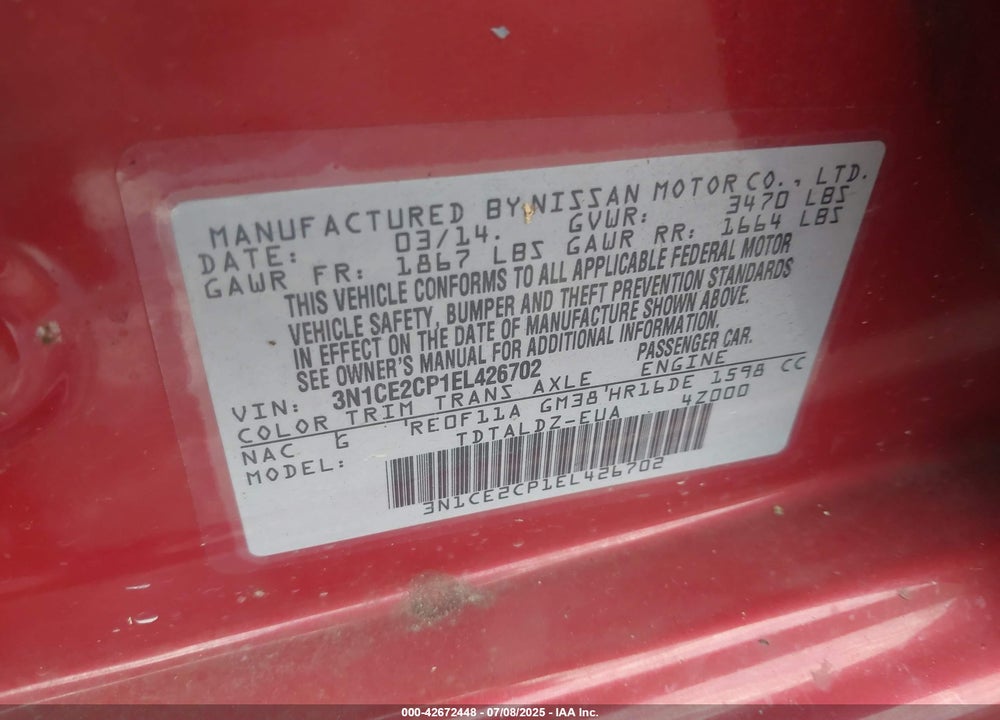 2014 NISSAN VERSA NOTE VIN: 3N1CE2CP1EL426702