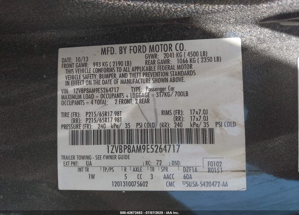 2014 FORD MUSTANG VIN: 1ZVBP8AM9E5264717