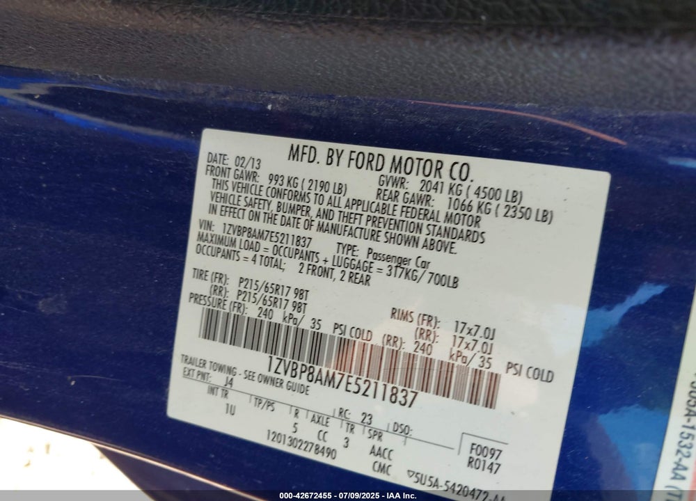 2014 FORD MUSTANG V6 VIN: 1ZVBP8AM7E5211837