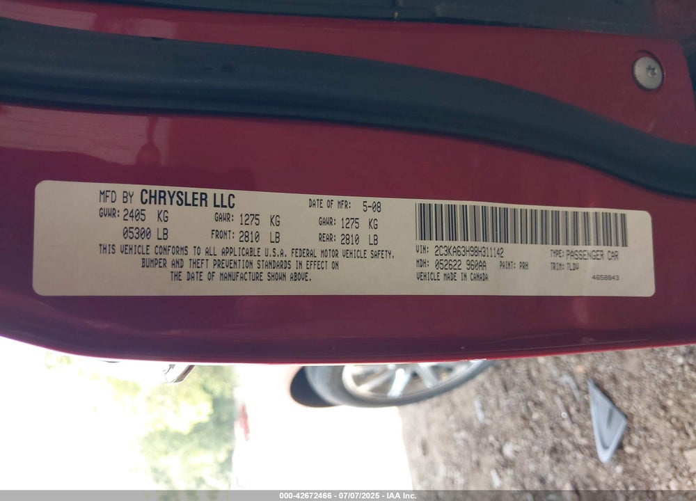 2008 CHRYSLER 300C VIN: 2C3KA63H98H311142