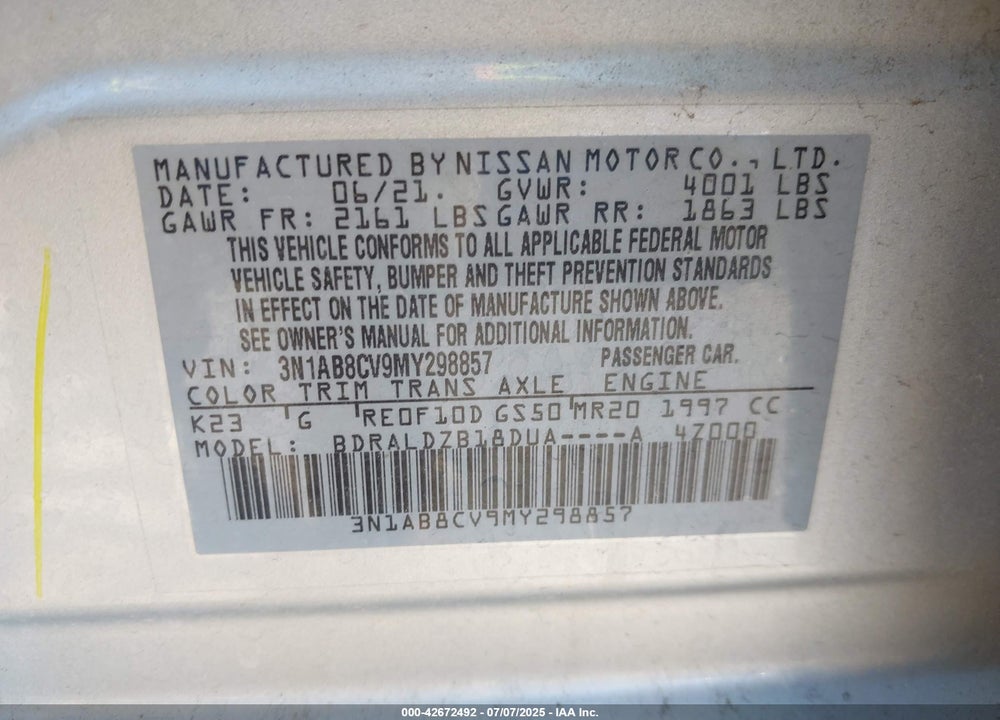 2021 NISSAN SENTRA VIN: 3N1AB8CV9MY298857