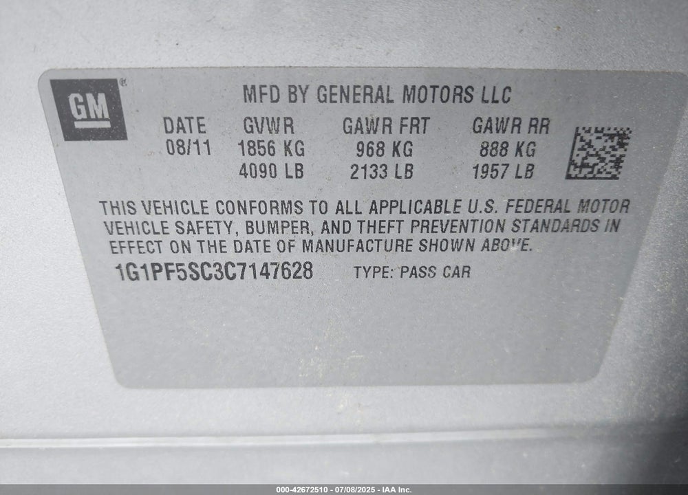 2012 CHEVROLET CRUZE VIN: 1G1PF5SC3C7147628