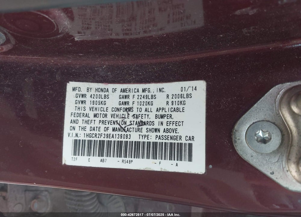 2014 HONDA ACCORD VIN: 1HGCR2F39EA139093