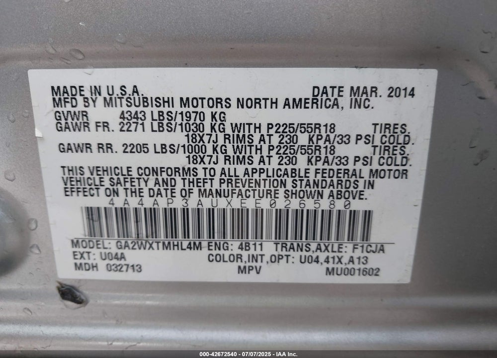 2014 MITSUBISHI OUTLANDER SPORT VIN: 4A4AP3AUXEE026580