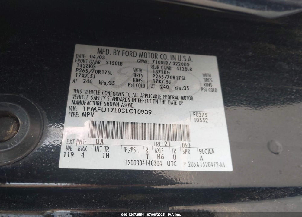 2003 FORD EXPEDITION EDDIE BAUER VIN: 1FMFU17L03LC10939