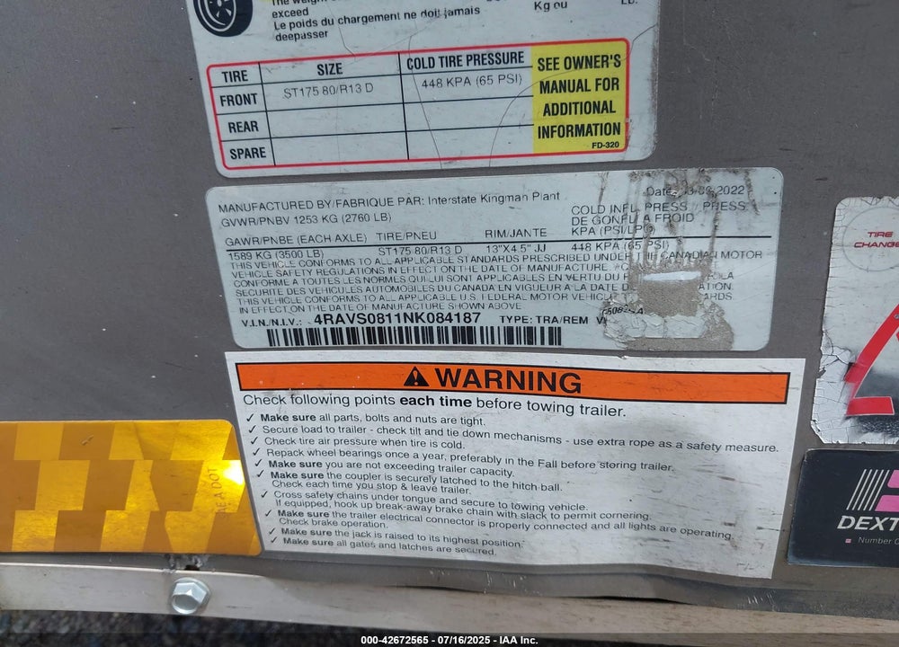 2022 INTERSTATE WEST CORP TRAILER VIN: 4RAVS0811NK084187