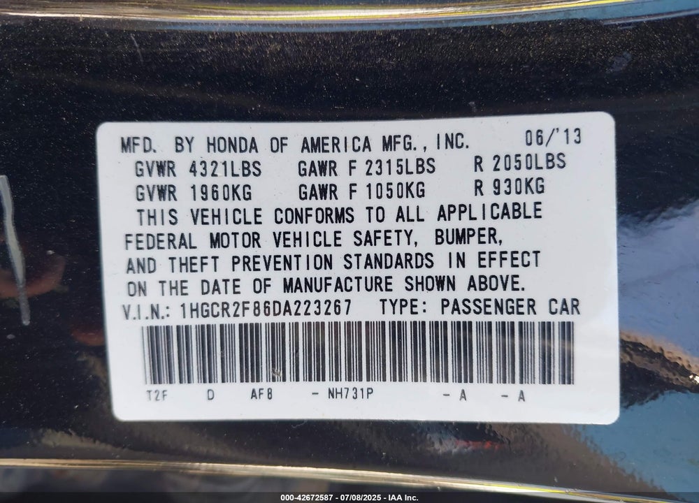 2013 HONDA ACCORD EX-L VIN: 1HGCR2F86DA223267