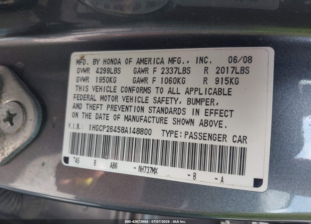 2008 HONDA ACCORD 2.4 LX-P VIN: 1HGCP26458A148800
