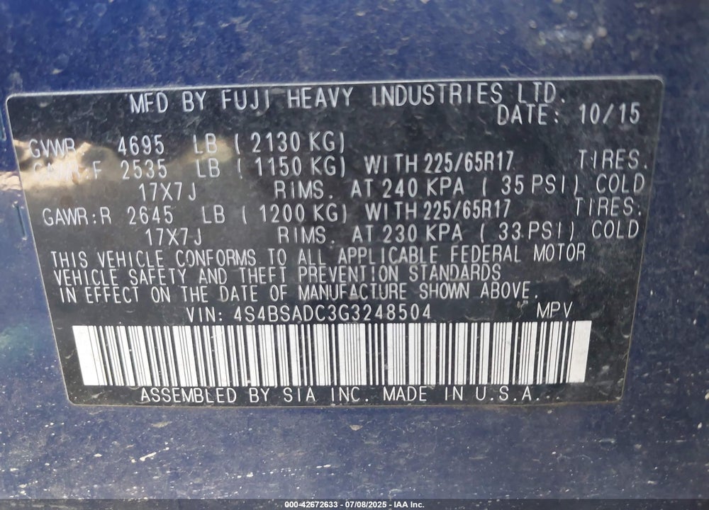 2016 SUBARU OUTBACK VIN: 4S4BSADC3G3248504