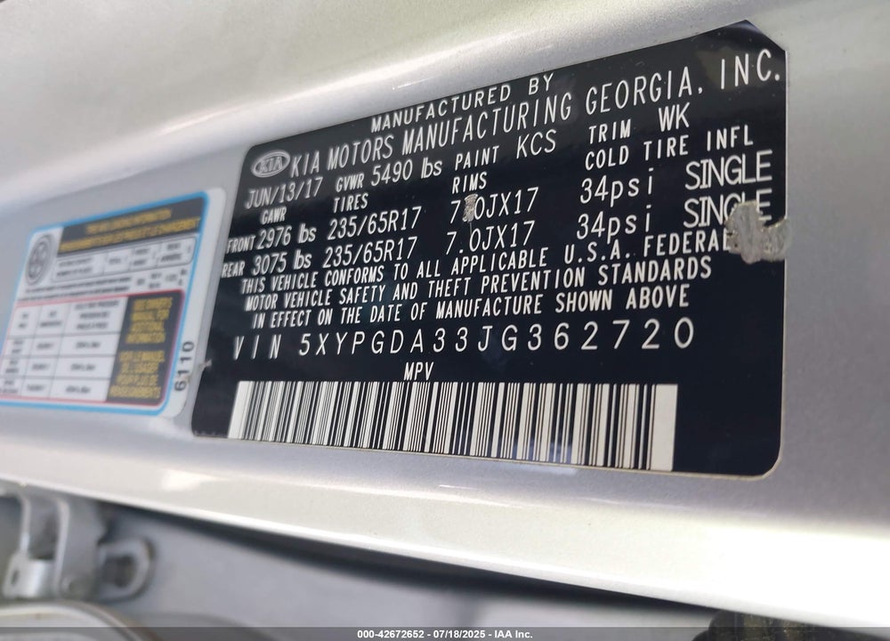 2018 KIA SORENTO VIN: 5XYPGDA33JG362720