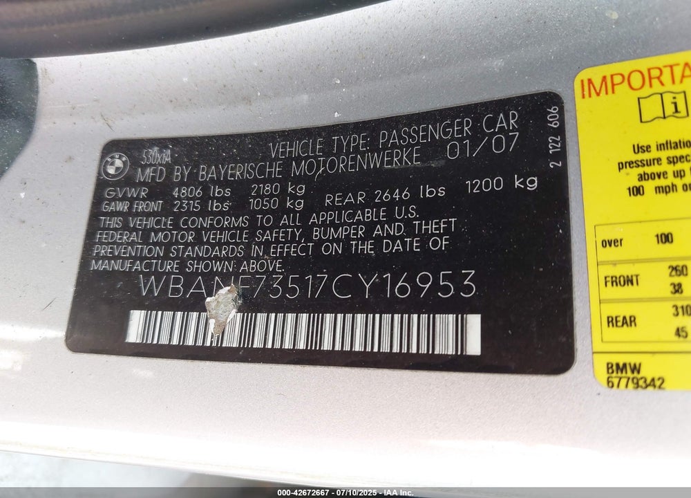 2007 BMW 5 SERIES VIN: WBANF73517CY16953