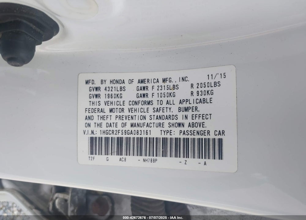 2016 HONDA ACCORD SPORT VIN: 1HGCR2F59GA083161