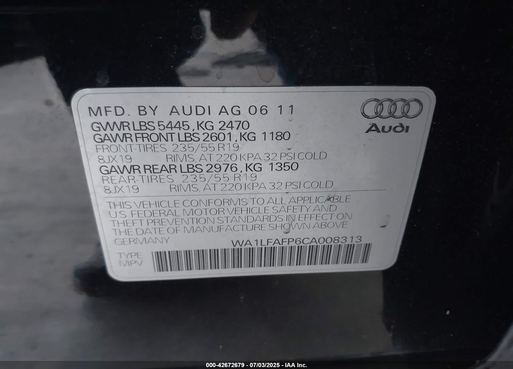 2012 AUDI Q5 VIN: WA1LFAFP6CA008313