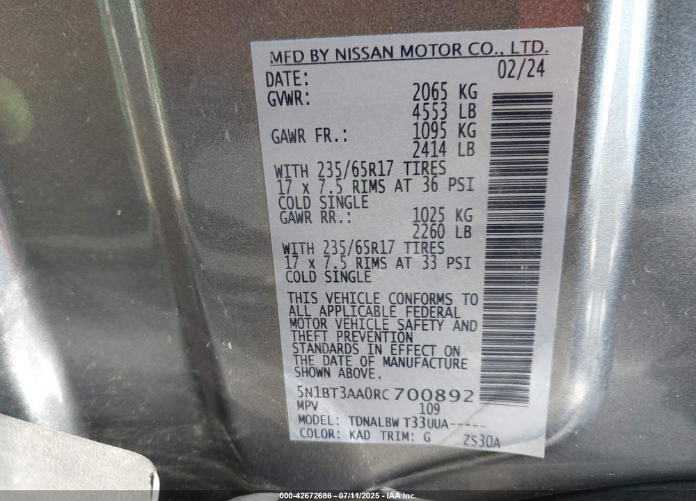 2024 NISSAN ROGUE VIN: 5N1BT3AA0RC700892