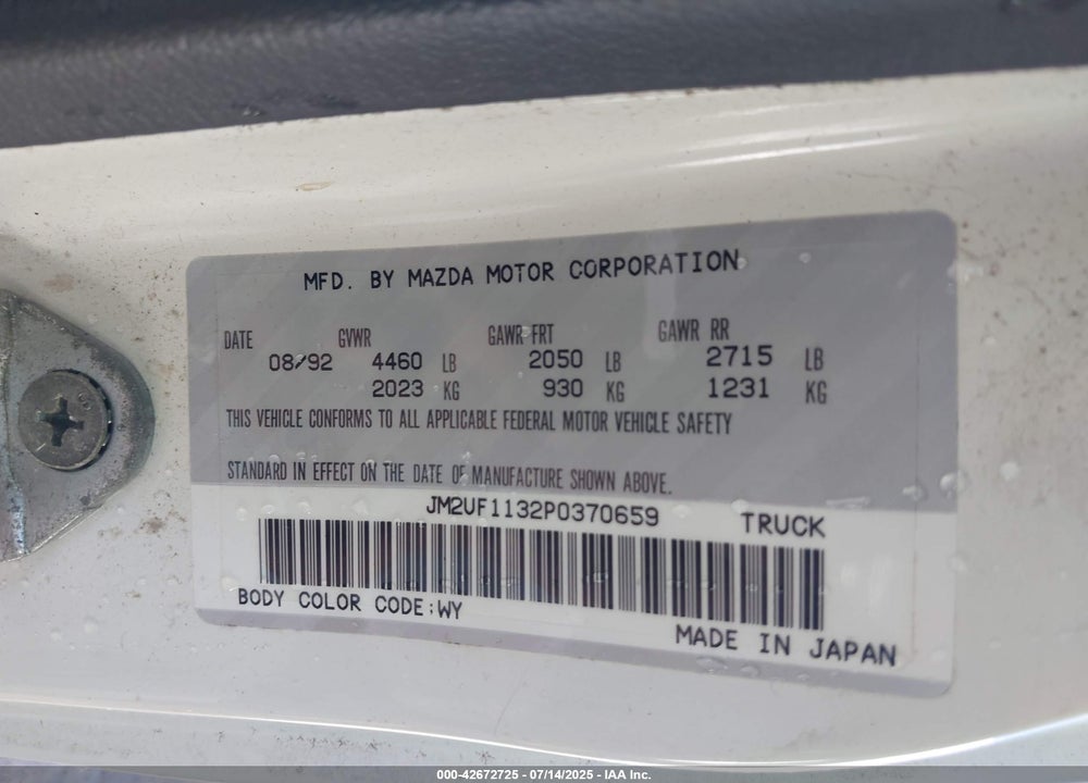 1993 MAZDA B2200 SHORT BED VIN: JM2UF1132P0370659