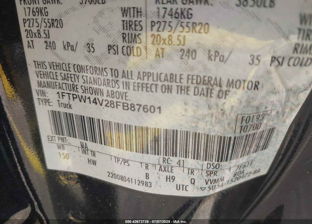 2008 FORD F-150 VIN: 1FTPW14V28FB87601