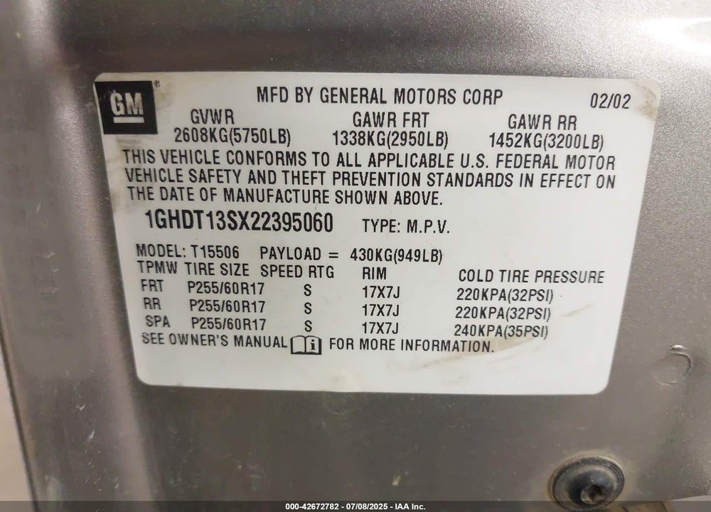 2002 OLDSMOBILE BRAVADA VIN: 1GHDT13SX22395060