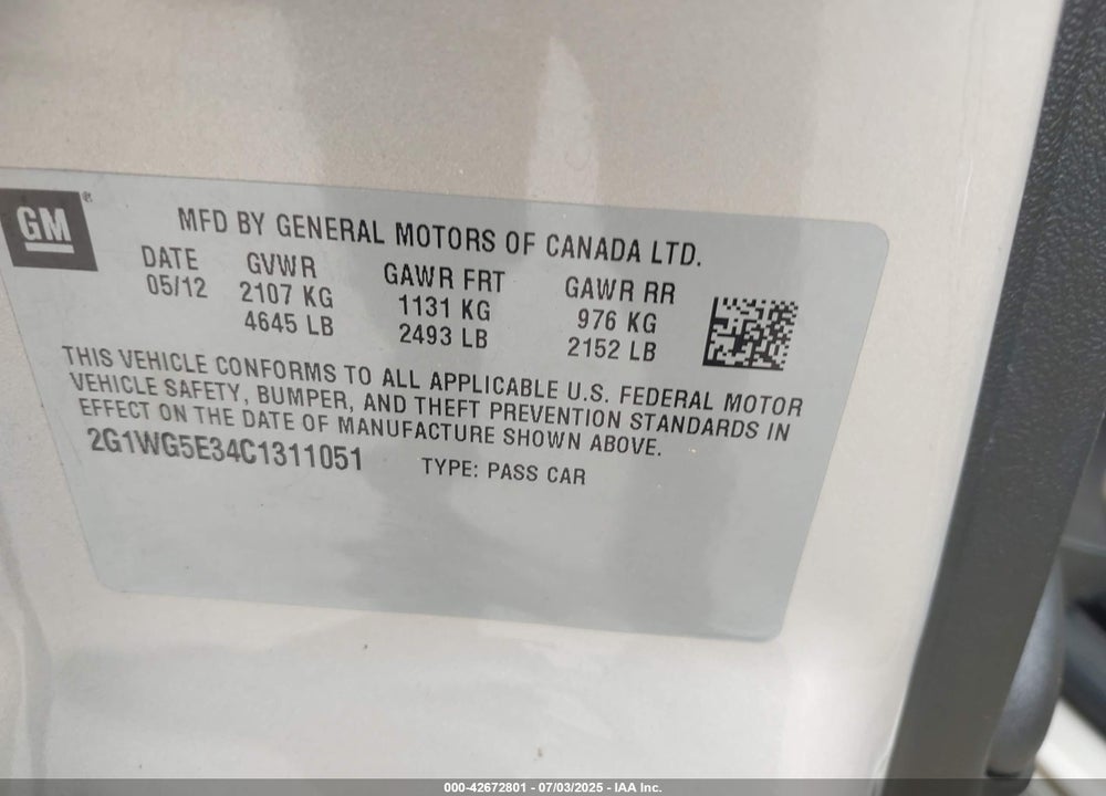 2012 CHEVROLET IMPALA VIN: 2G1WG5E34C1311051
