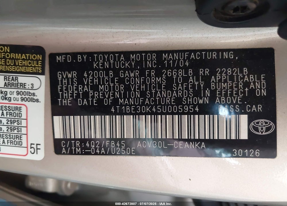 2005 TOYOTA CAMRY LE VIN: 4T1BE30K45U005954