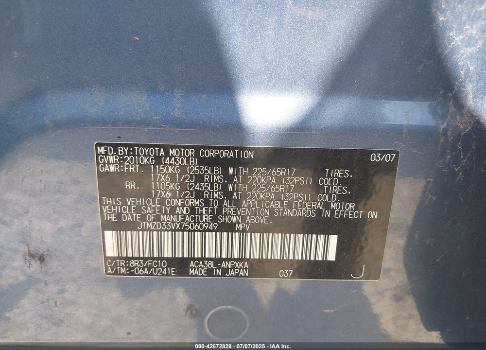 2007 TOYOTA RAV4 VIN: JTMZD33VX75060949